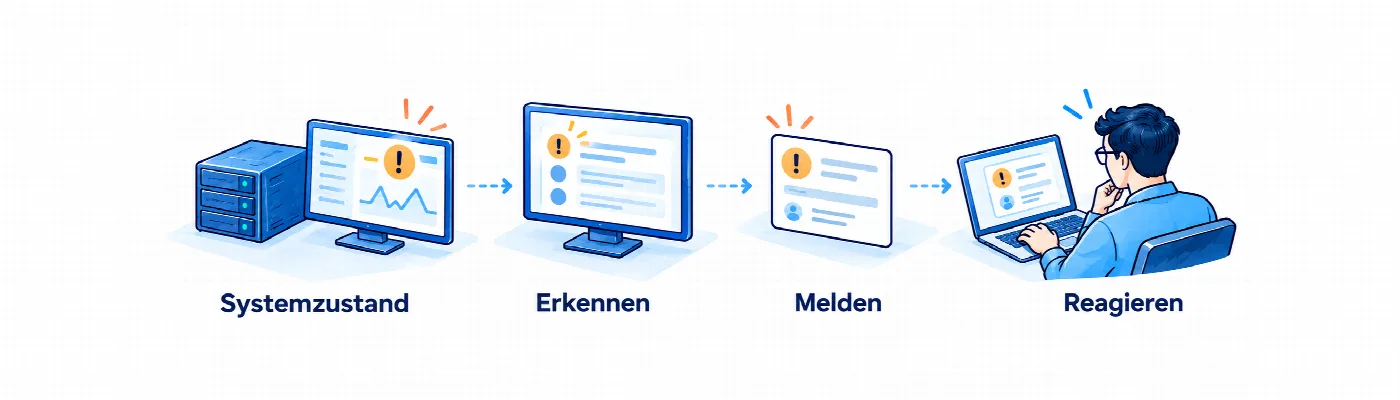 Server meldet einen Zustand, mAiSiko Monitor erkennt ihn, Sikora EDV wird informiert und reagiert.