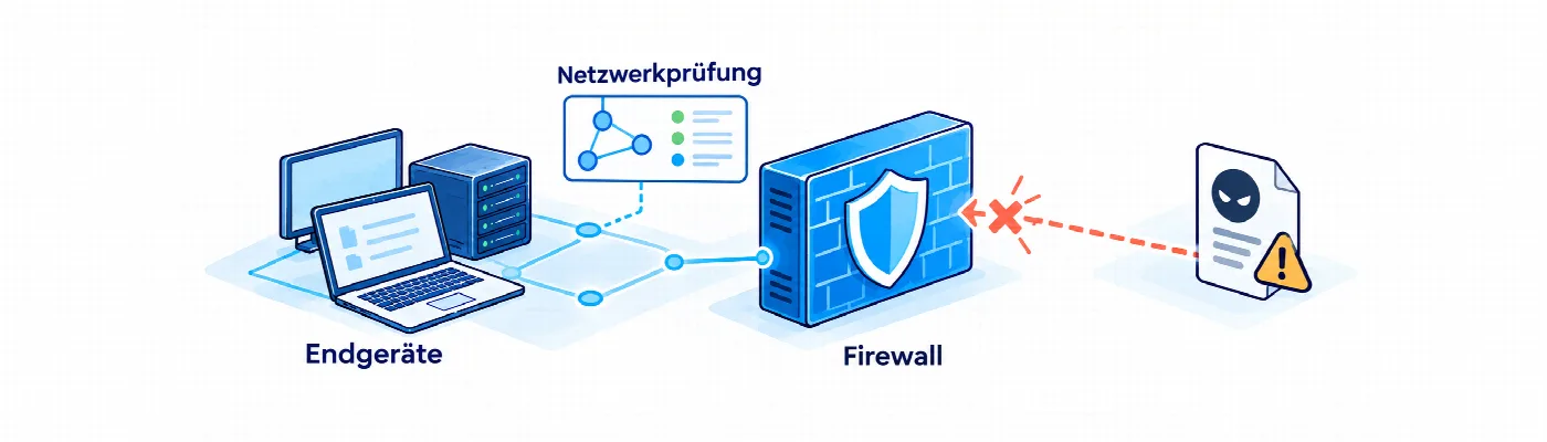 Endgeräte hinter Firewall und Netzwerküberwachung, ein auffälliger Zugriff wird erkannt und gestoppt.