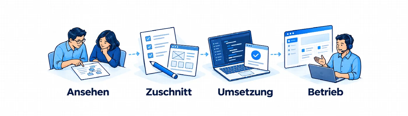 Ablauf in vier Schritten: Ansehen, Zuschnitt, Umsetzung, Betrieb.